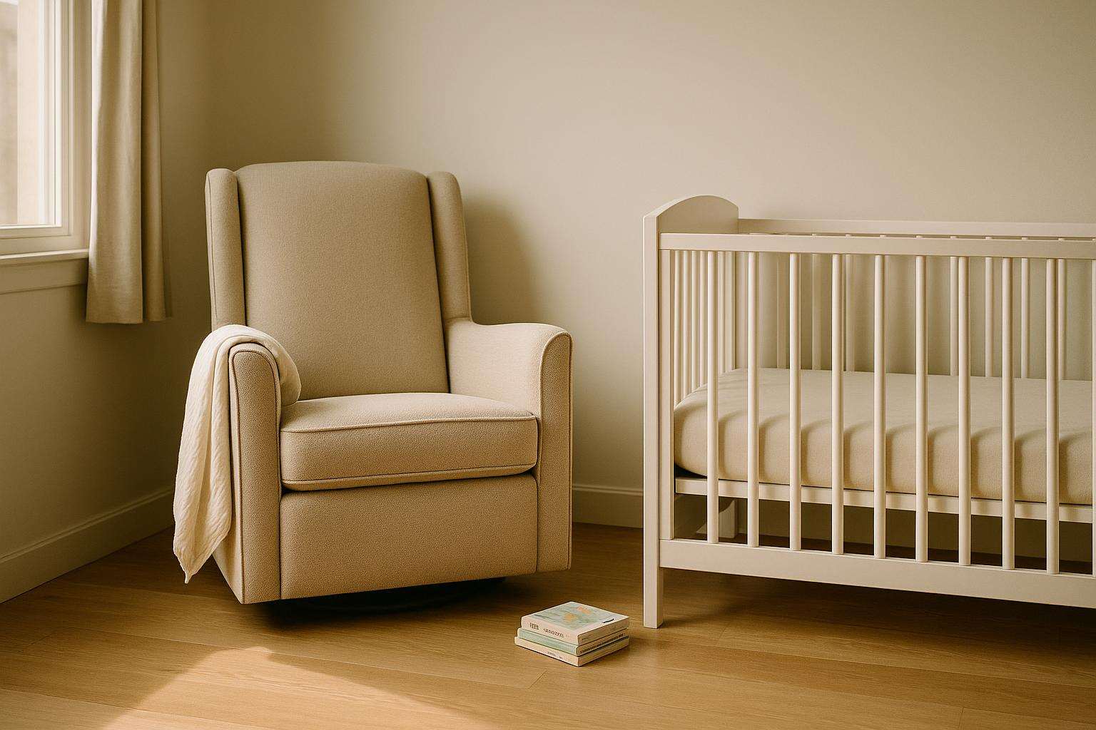 A light-filled nursery corner with a soft glider chair beside a white crib, afternoon light casting gentle shadows across the wooden floor