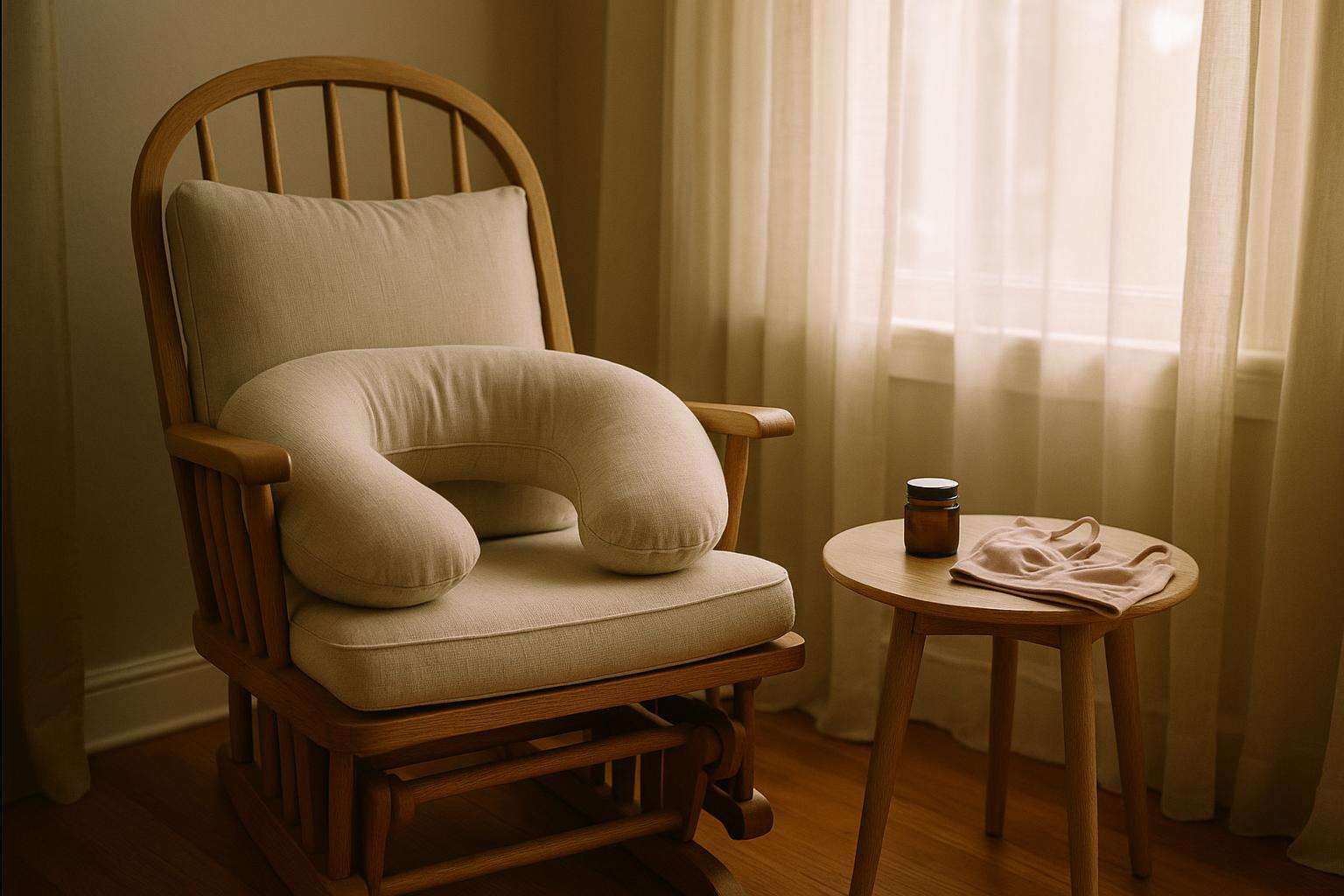 A calm nursery corner with a nursing pillow on a white wooden glider chair, soft natural light through linen curtains, a small jar of nipple cream and a folded nursing bra on the side table