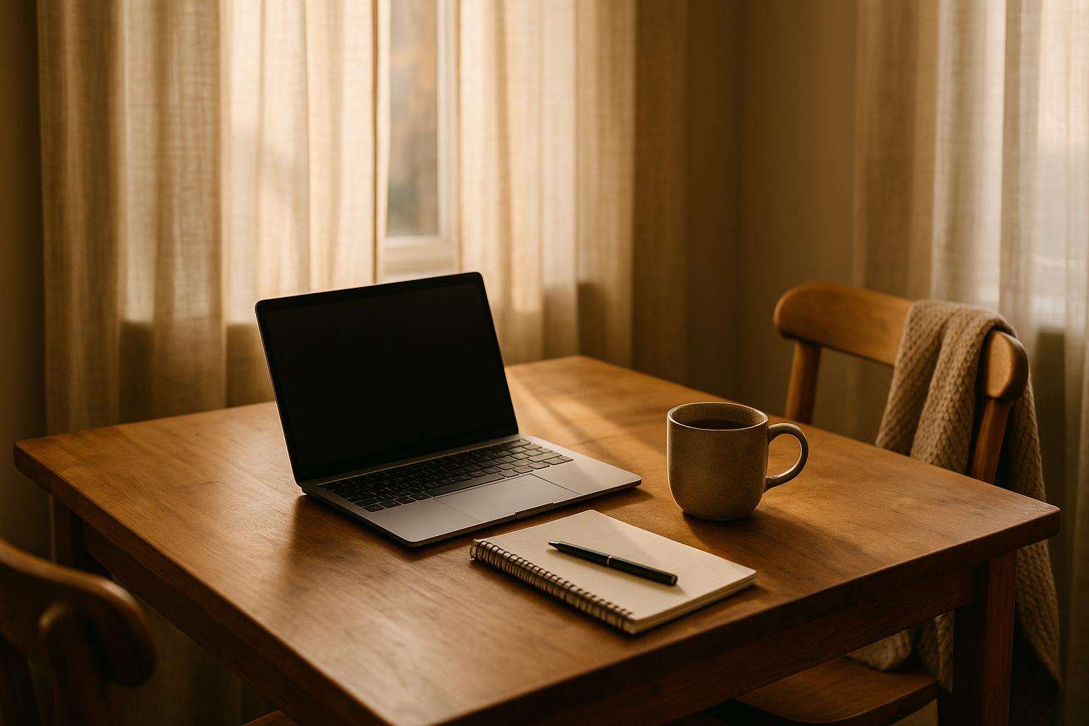 A pregnant woman in a calm home setting watching a laptop on a wooden table, a notebook and herbal tea beside her, warm afternoon light from a nearby window