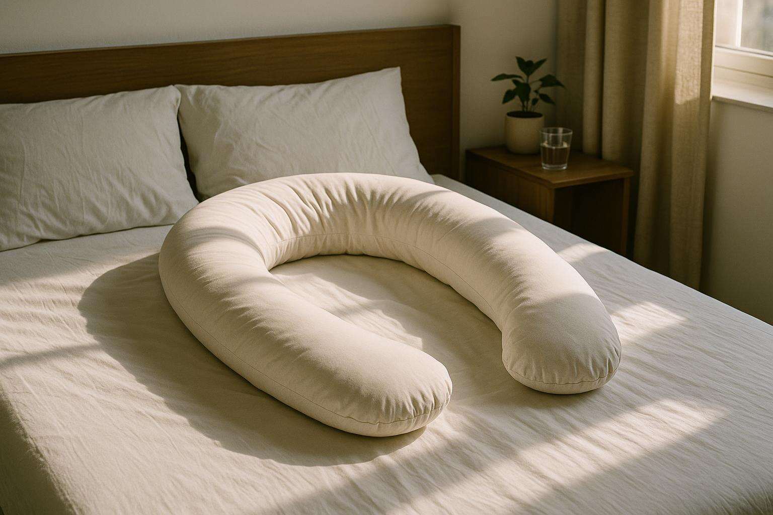 A pregnancy C-shape pillow arranged on a bed with soft morning light, showing the curved support structure cradling the shape of a sleeping position