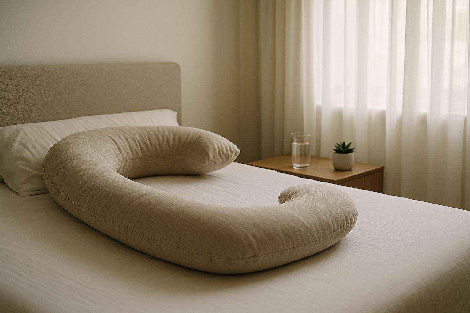 A neatly arranged C-shaped pregnancy pillow on a linen-covered bed beside a glass of water and a small plant, soft morning light through sheer curtains
