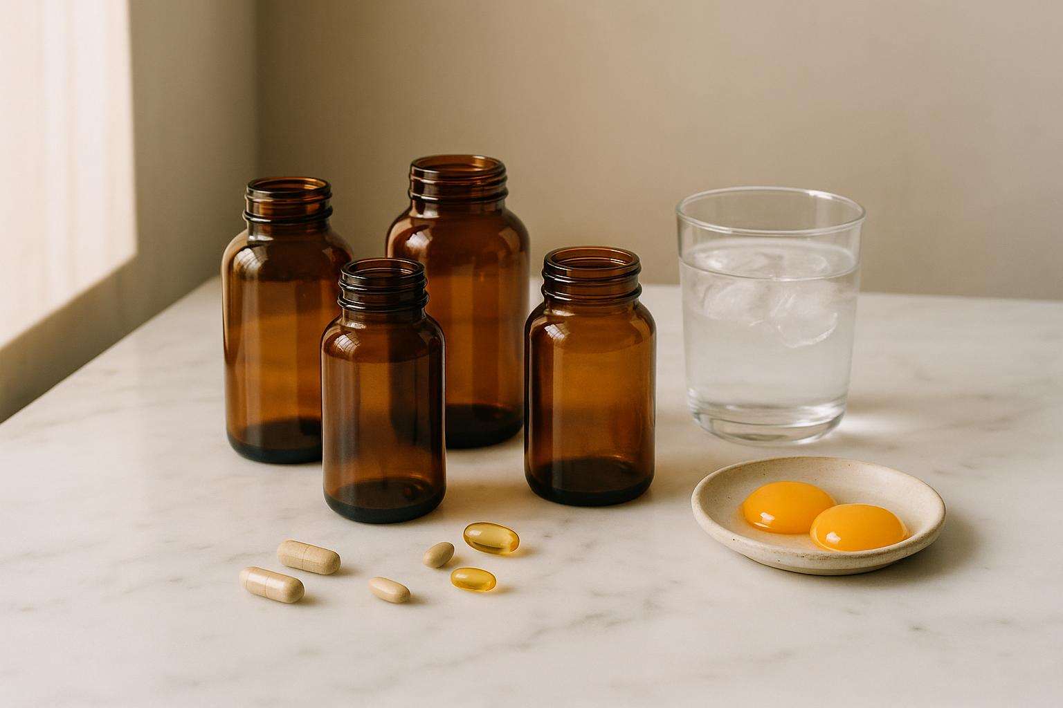 An assortment of prenatal vitamin capsules and supplement bottles arranged on a white marble surface beside a glass of water and a small bowl of walnuts