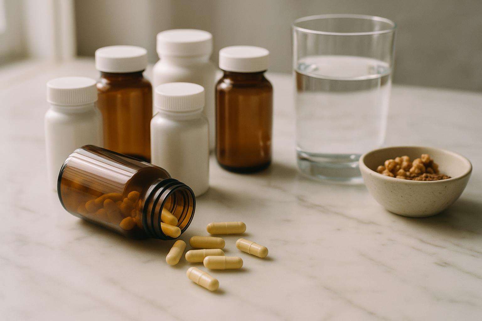 Six prenatal vitamin bottles arranged on a white marble surface beside a glass of water and a small bowl of walnuts, natural side-lighting