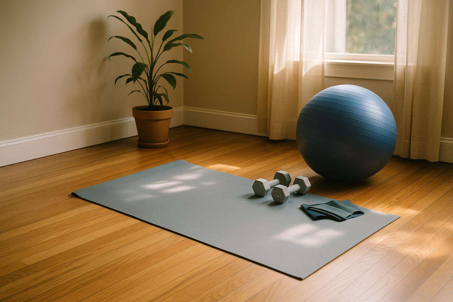 A soft-lit home gym corner with a yoga mat, resistance bands, dumbbells, and a stability ball arranged beside a window with morning light