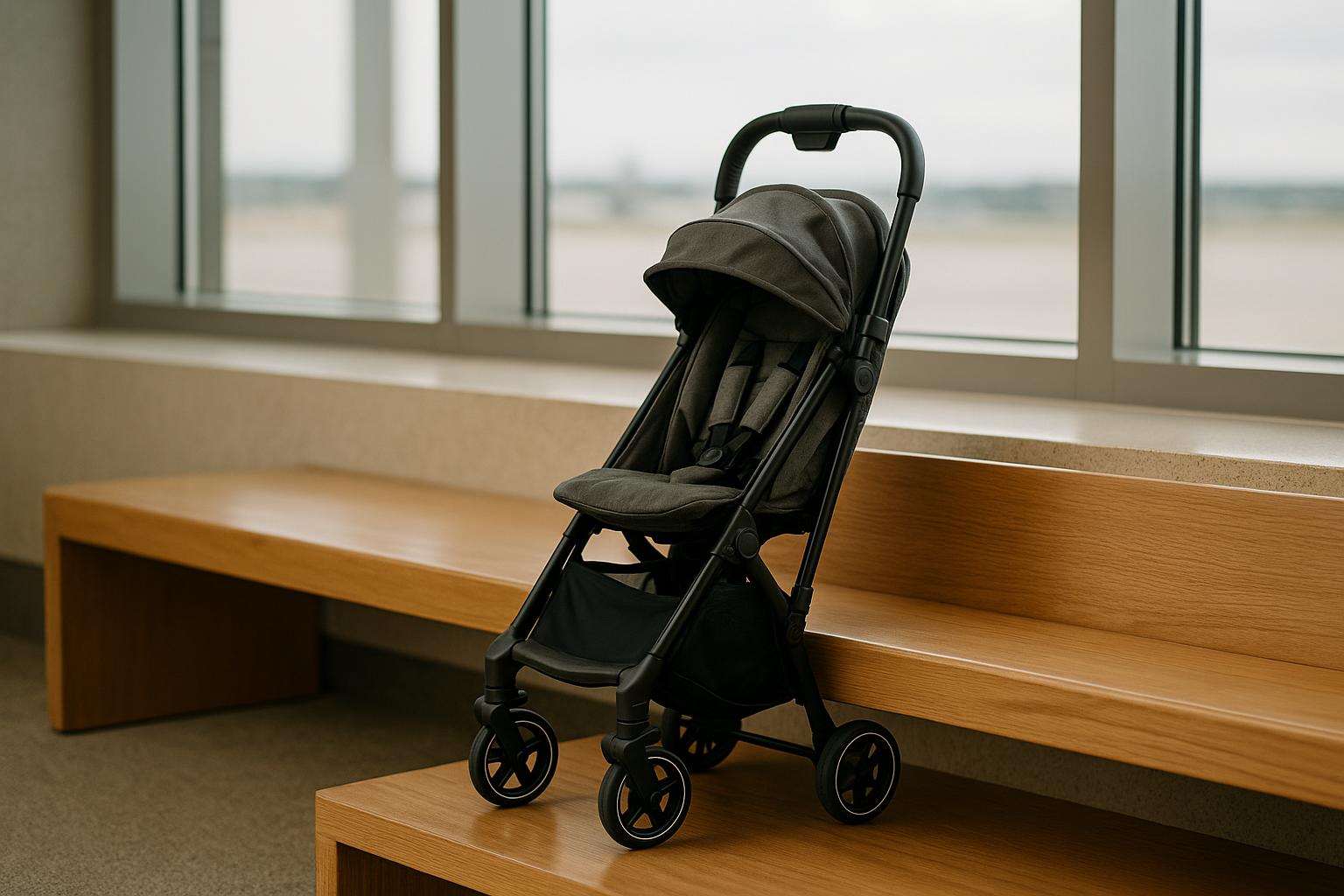 A compact folded travel stroller propped against a light wooden airport bench, soft natural window light, no logos visible