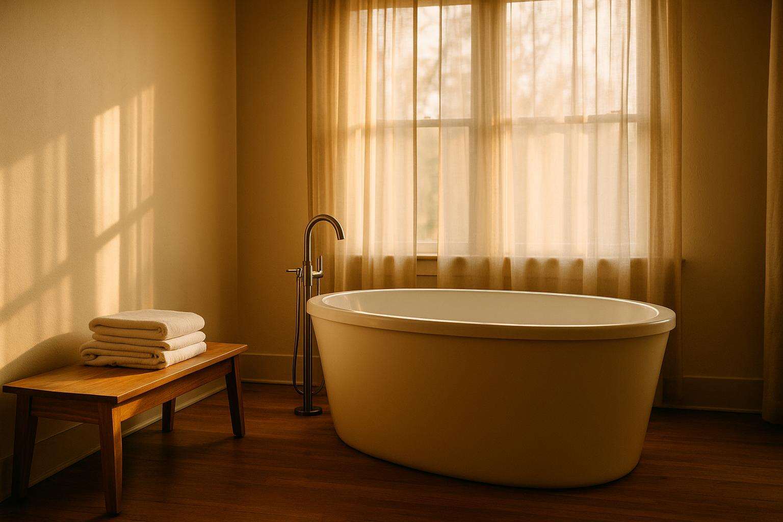 A calm, warmly lit midwifery birth suite with a deep soaking tub, folded white towels, and morning light filtering through sheer curtains — no people visible