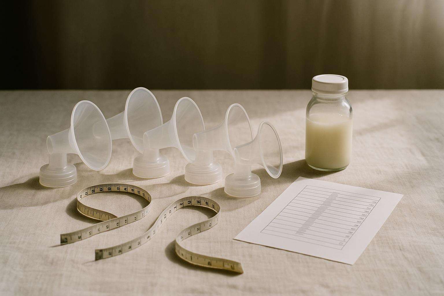 A breast pump flanges of different sizes arranged on a neutral linen surface beside a measuring tape, illustrating the sizing process